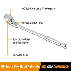 1/4 In., 3/8 In. and 1/2 In. Drive 90-Tooth Locking Flex-Head Teardrop Ratchet S