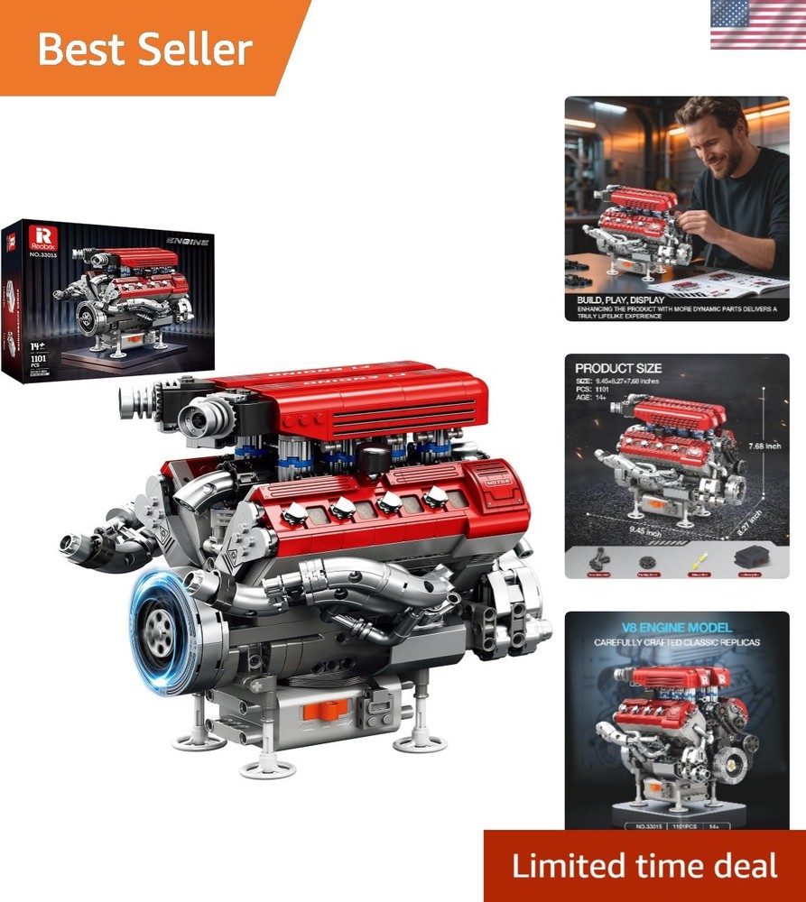 Realistic V8 Engine Model Kit – 1101 PCS Motorized Set with Visible Mechanics
