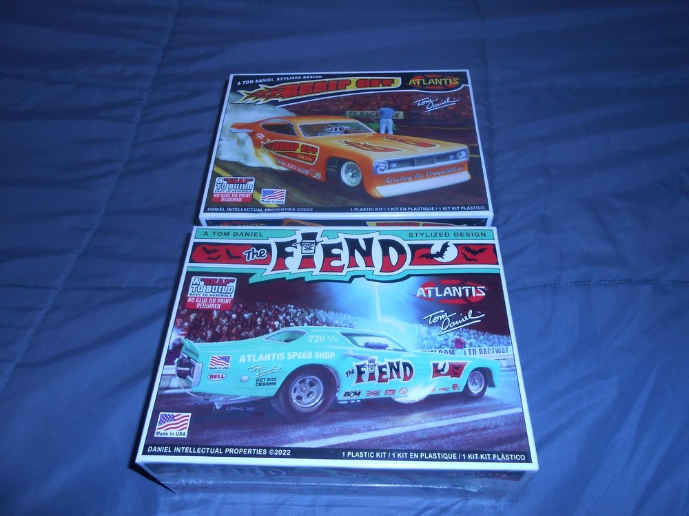 Tom Daniel’s “The Fiend” & “RRRIP OFF” 1/32 funnycars, factory sealed