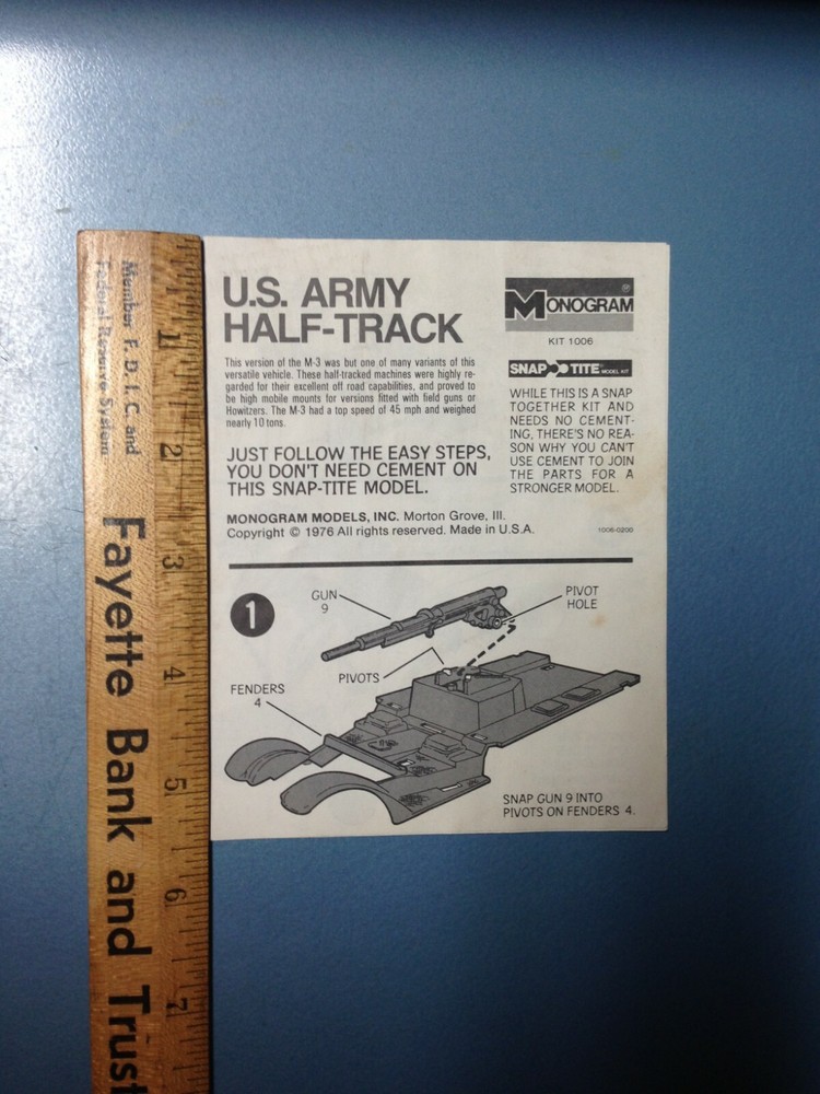 1976 Monogram Snap Tite US Army Half Track Vehicle Model #1006 Instructions Only