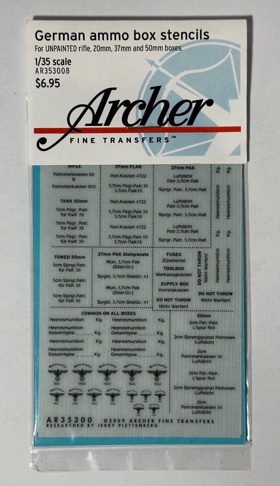 Archer AR35300B 1/35 Scale German Ammo Box Stencils for Rifle/20mm/37mm/50mm Box