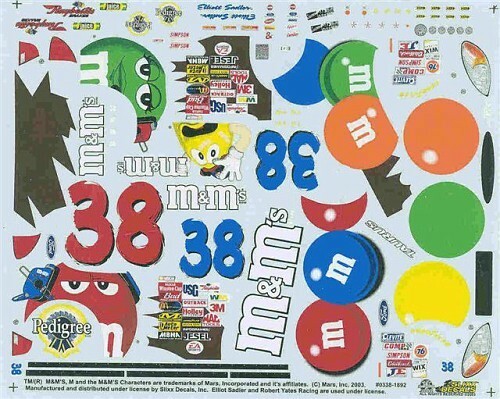 Slixx 1892 #38 M&Ms 2003-Elliott Sadler 1/24 Nascar decal