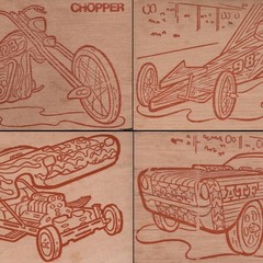 4x Wood Burning Craft Template Lot 1970s Hot Rod Race Car Motorcycle Chopper VTG