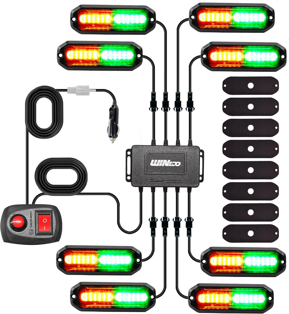 8PCS LED Strobe Lights Kit12V Sync Feature Green Amber 12LED Emergency Hazard Wa