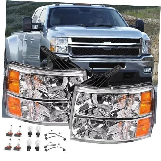2PCS Headlights Assembly W/Bulbs and Harness For 2007-2013 Chevy Silverado