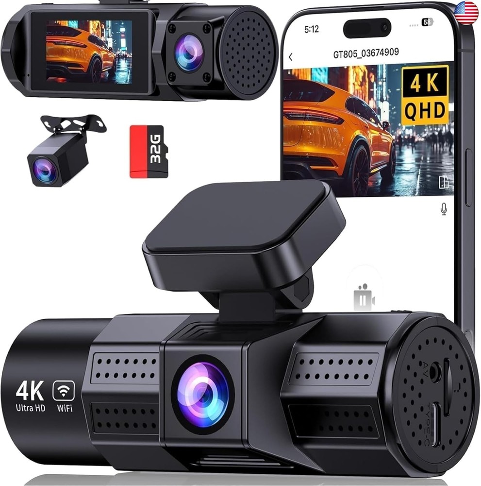 4K 3 Channel Dash Cam Front and Rear Inside, Wi-Fi Full HD Dash Camera for