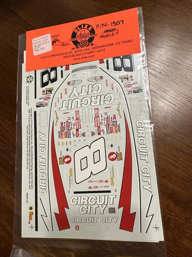 Slixx Decals 1307 1/25 Scale #8 Circuit City Monte Carlo Hut Stricklin NASCAR