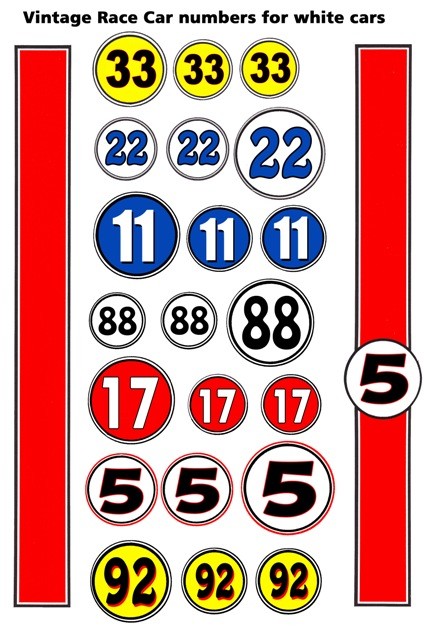 Race Car Numbers – Can Am – F1 – SCCA 1/18th Scale Waterslide Decal