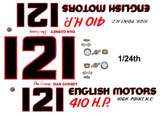 #12 / #121 Dan Gurney English Motors 1964 1/25th – 1/24th Scale DECALS