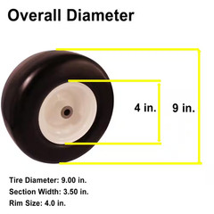 9X3.50-4 Flat Free Tire 1/2 and 5/8 Bearings, 3.5″- 5″ Center Hub, Set of 2