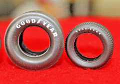 4 (GOOD/YEAR PAD PRINTED WIDE RACING SLICKS AND 2 MATCHING FRONT 1/25 SCALE