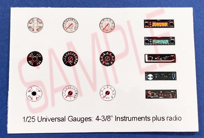 UNIVERSAL-STYLE 4-3/8″ GAUGES plus RADIO for 1/25 scale MODEL kits—PLEASE READ