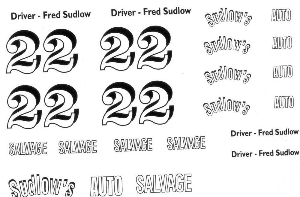 #22 Fred Sudlow’s Auto Salvage race car DECAL SHEET
