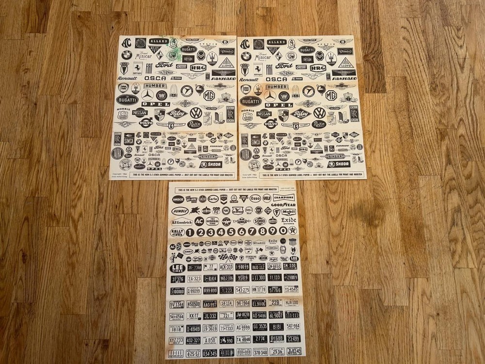 3 Pages 1966 Jetco Car Model Decals. License Plates 48 States & Canada B&W Rare