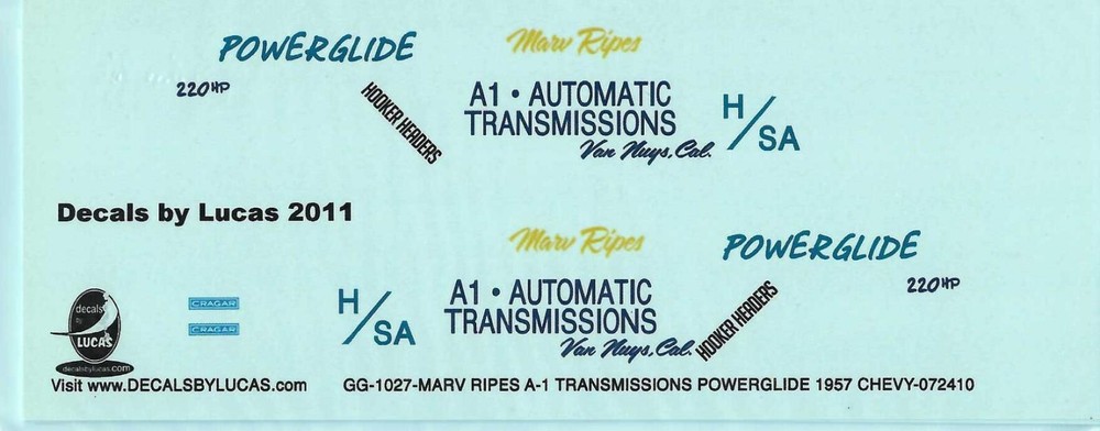 Decals by Lucas A1 Automatic Transmissions 57 Chevy Marv Ripes H/SA decal
