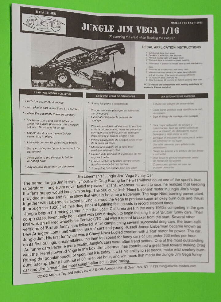 Instruction Sheet Jungle Jim Chevy Vega Funny Car 1/16 Same as REVELL