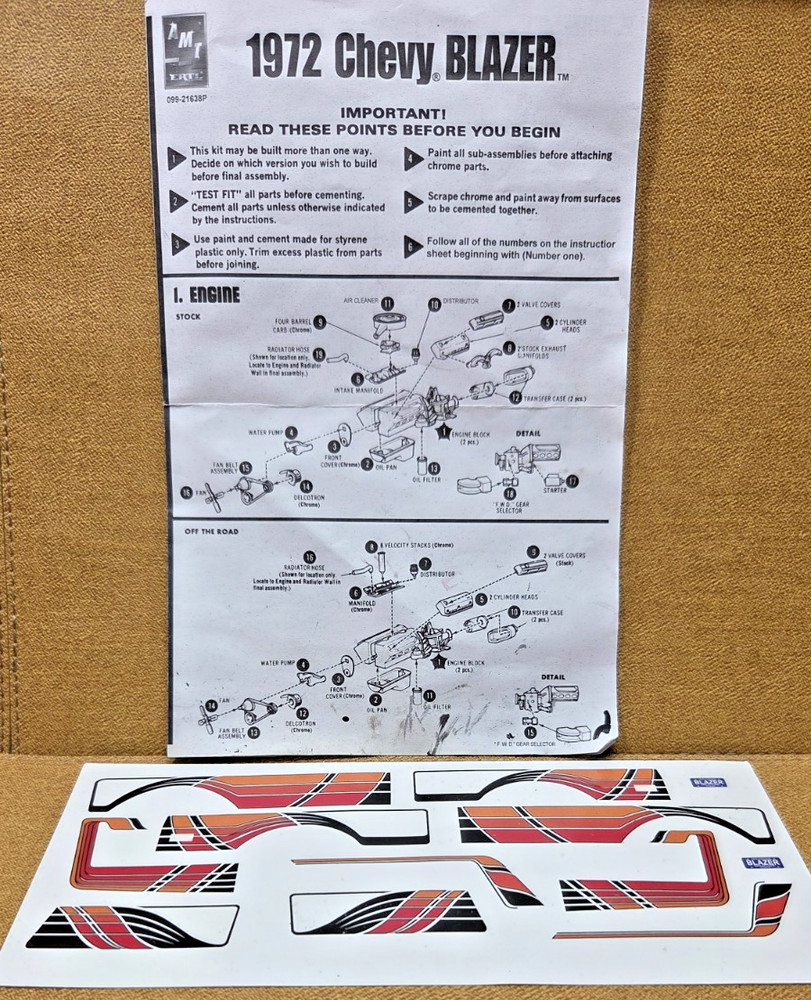 1972 CHEVY BLAZER DECALS & INSTRUCTIONS 1:25 scale AMT Model Kit PARTS