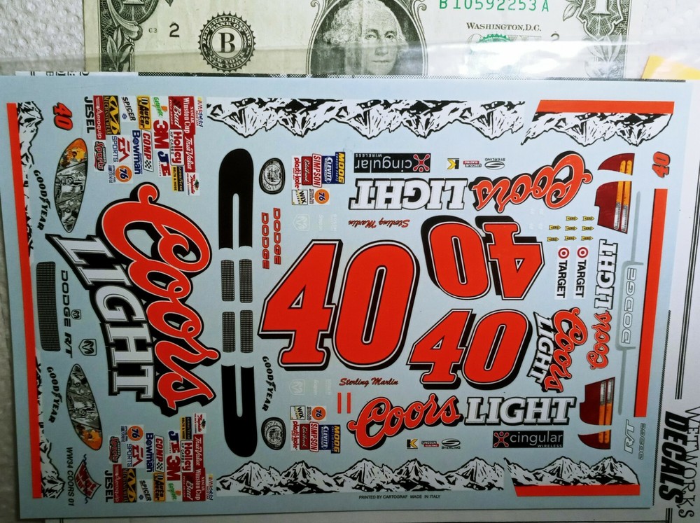 SELF ADHESIVE CLEAR STICKERS 1/24 NASCAR Dodge #40 Coors Light Beer REPRODUCTION