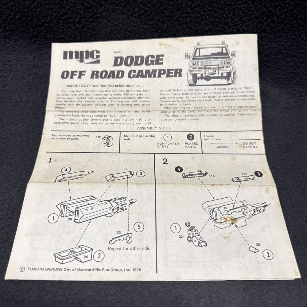 MPC Dodge Off Road Camper 1-0412 Instructions Original Manual 1976 Mopar RARE