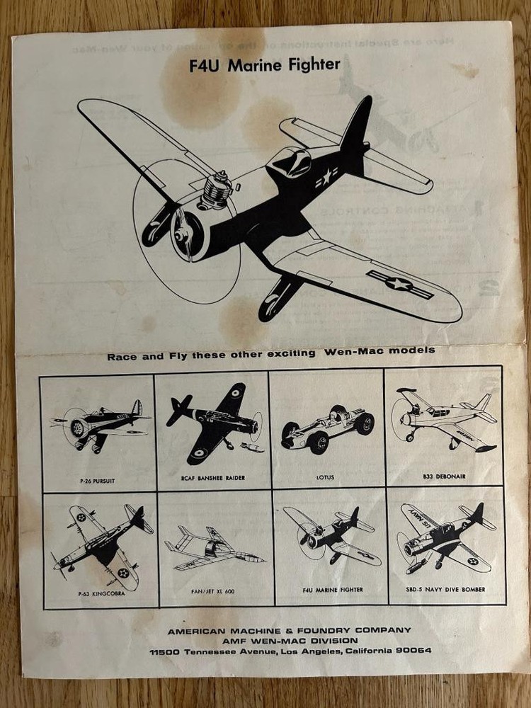 Vintage Wen-Mac F4U Marine Fighter Corsair 4 pg Instructions