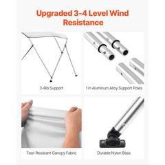 3 Bow Boat Bimini Top, Durable 600D Polyester Cover, Aluminum Frame, Water-Resis