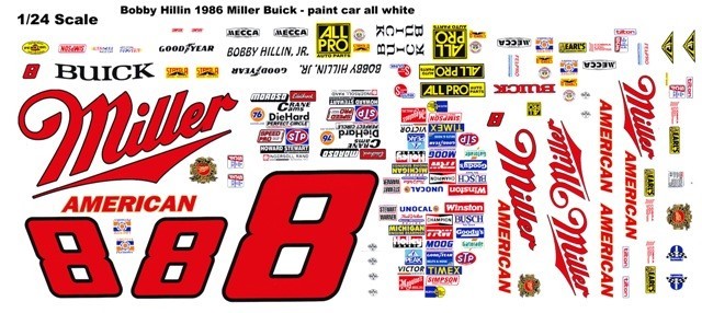 #8 Bobby Hillin jr. Miller Buick 1986 1/25th – 1/24th Scale Waterslide Decals