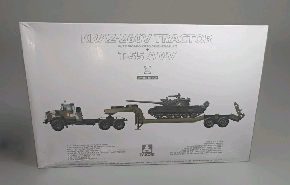 Takom 1/35 KrAZ-260V Tractor Trailer & T-55 AMV Tank Model Kit #2095