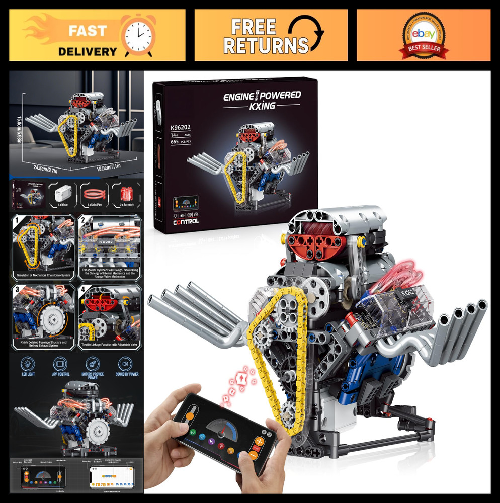 DIY V8 Engine Model Kit – App-Controlled, Visible Motor & Lights, STEM Toy 14+