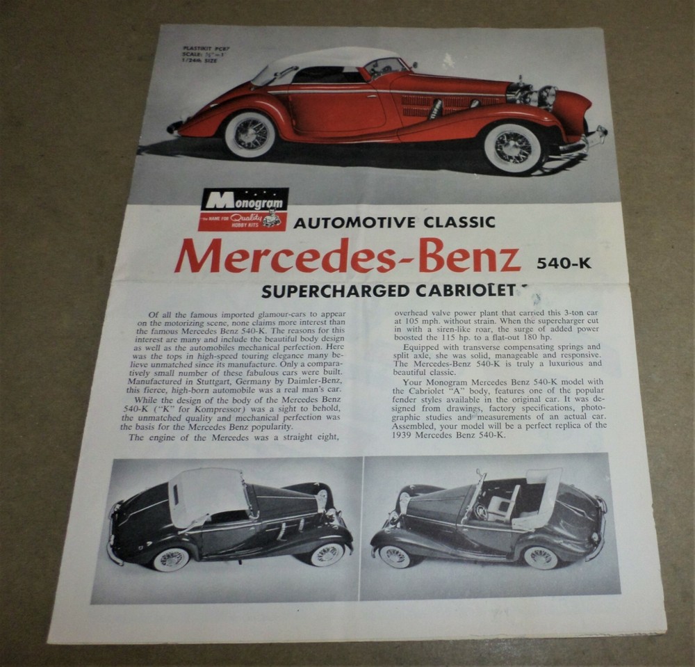1939 Mercedes Benz 540-K, Monogram Kit #PC87, Instruction Sheet, c.1963