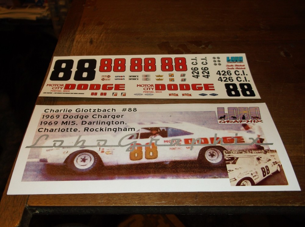 Charlie Glotzbach #88 1969 MOTOR CITY DODGE 1/24th scale decals LoboGraphix