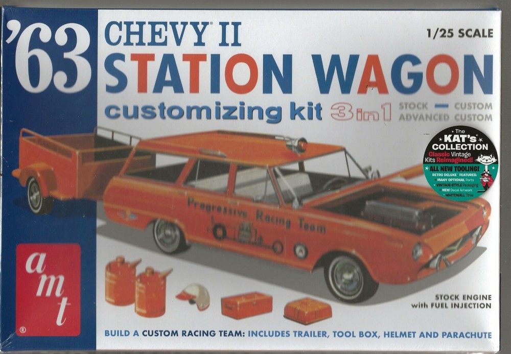 AMT ’63 1963 Chevy II Station Wagon, 3 Options-Builds 1, w/ Trailer in 1/25 1201