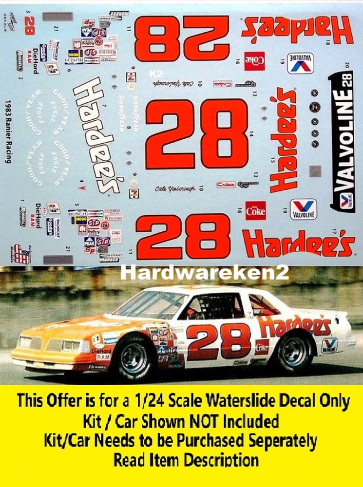 NASCAR DECAL #28 HARDEE’S 1983 PONTIAC LeMANS CALE YARBROUGH DAYTONA WINNER 1/24
