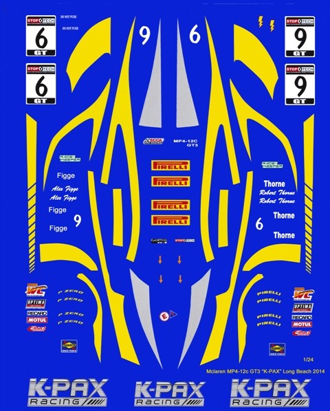 #9 or #6 McLaren MP4-12c GT3 “K-PAX” 2014 1/24th – 1/25th Scale Decals