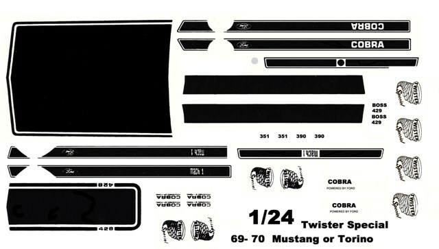 1970 Ford Mustang or Torino Twister spl 1/24th – 1/25th Scale Decals
