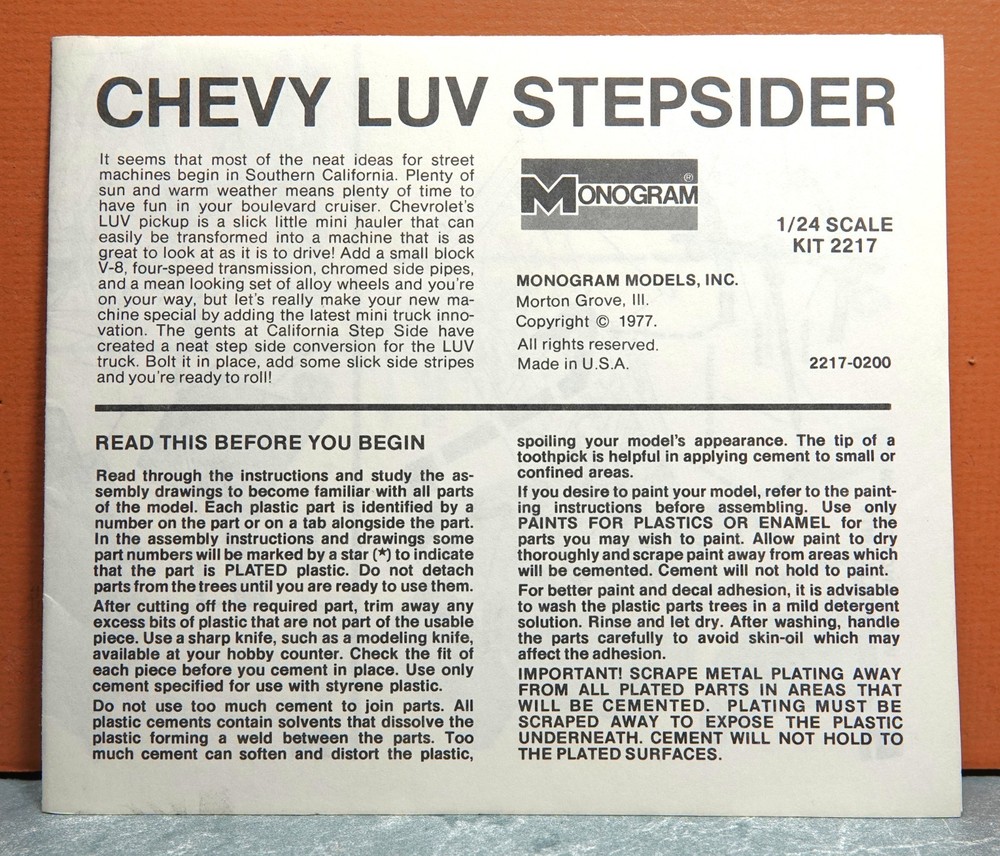 1/24 MONOGRAM CHEVY LUV STEPSIDER # 2224 (INSTRUCTIONS ONLY)