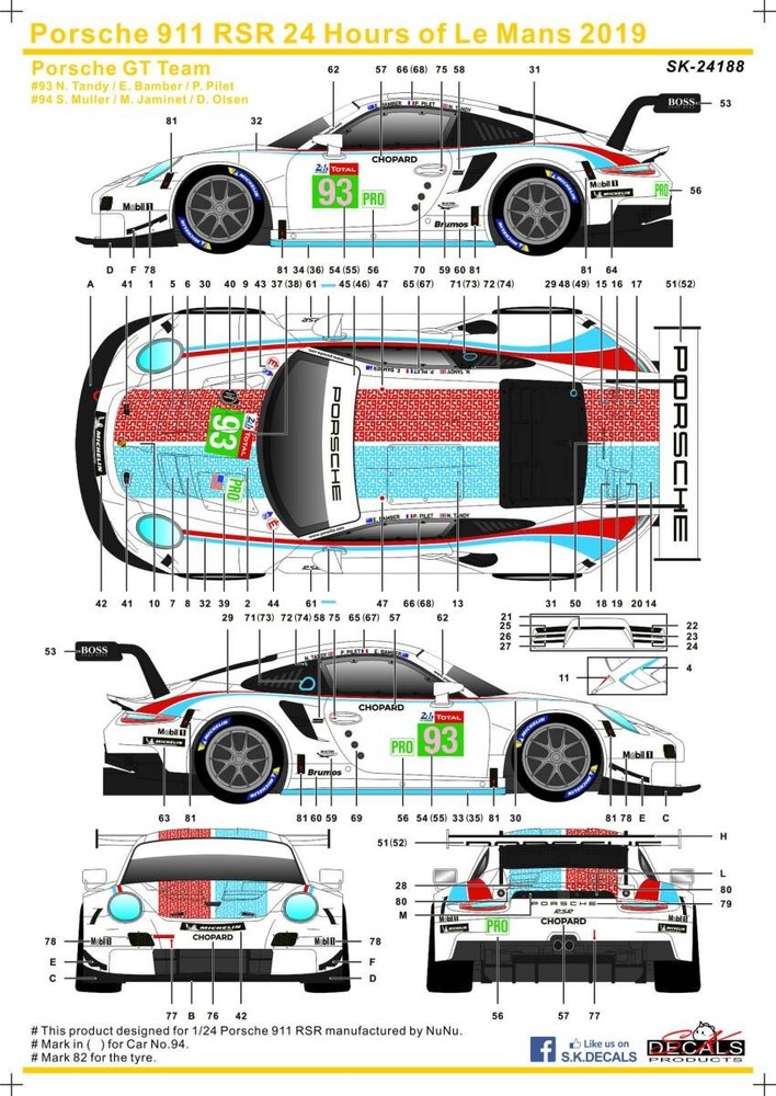 SK-24188 SK DECAL Porsche 911RSR Le Mans 24 Hours 2019 Silk-Screen Decal