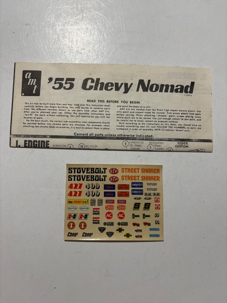 Model Car Parts – AMT 1955 Chevy Nomad instructions & decals 1/25 kitbash junk