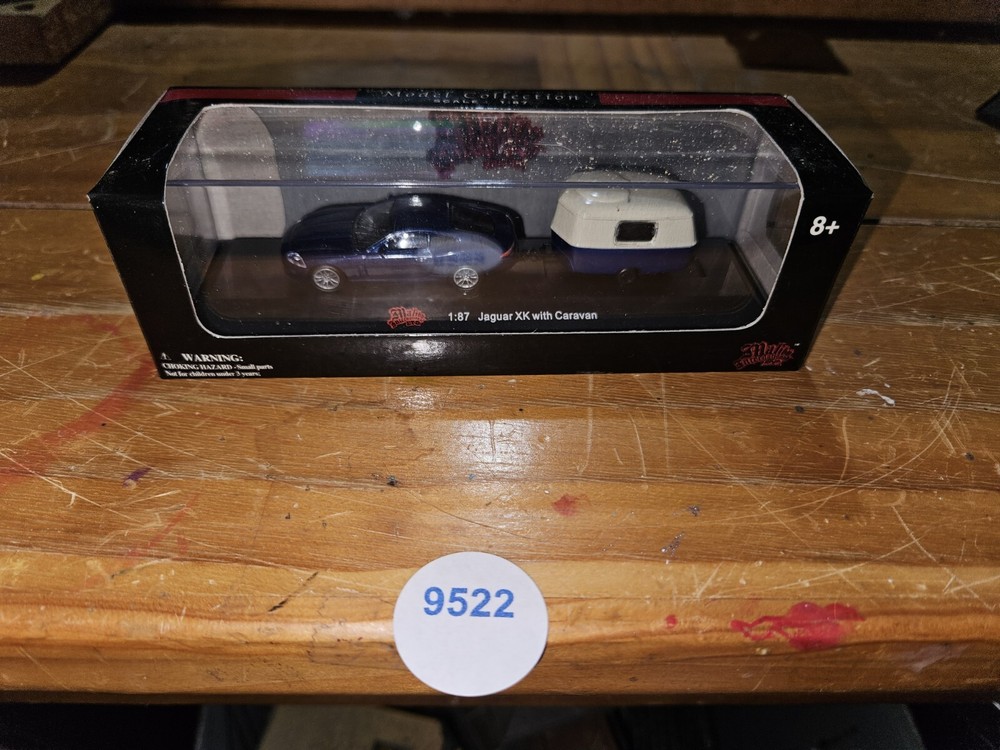 JAGUAR XK WITH CAMPER, HO SCALE, NEW, SEE PHOTOS