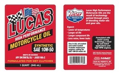 Lucas Oil 10716 High Performance Synthetic Motorcycle Oil Sae 10W-50-1 Quart