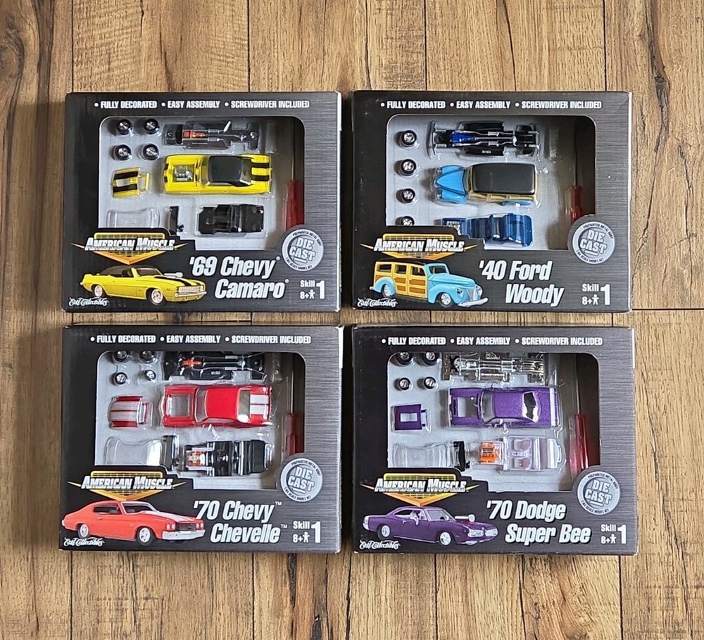 4 American Muscle Model Car Kit Die-Cast 69 Chevy, Chevelle, Dodge, Ford 1:64
