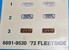 72 CHEVY FLEETSIDE CHEYENNE PICKUP – DECALS – AMT 6691 – MODEL CAR KIT PARTS LOT