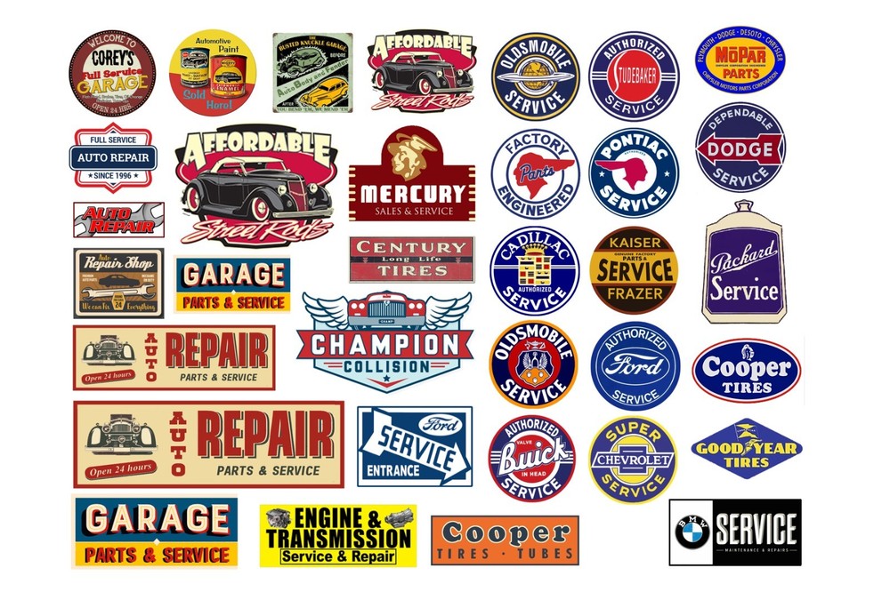 1:64 scale model auto engine repair shop car garage signs