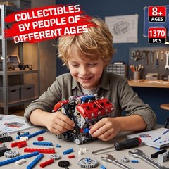 V8 Engine Model Kit – 1370PCS Interlocking Building Set with Battery & Motor