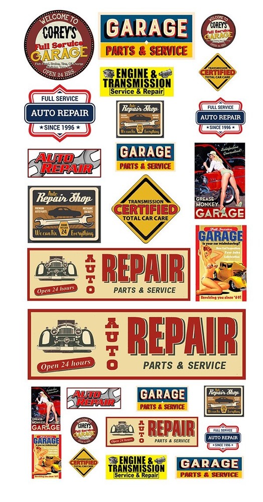 1:87 HO scale model auto engine repair shop car garage signs