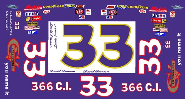 #33 David Pearson CV Enterprises Pontiac GTO 1/24th – 1/25th Scale Decals