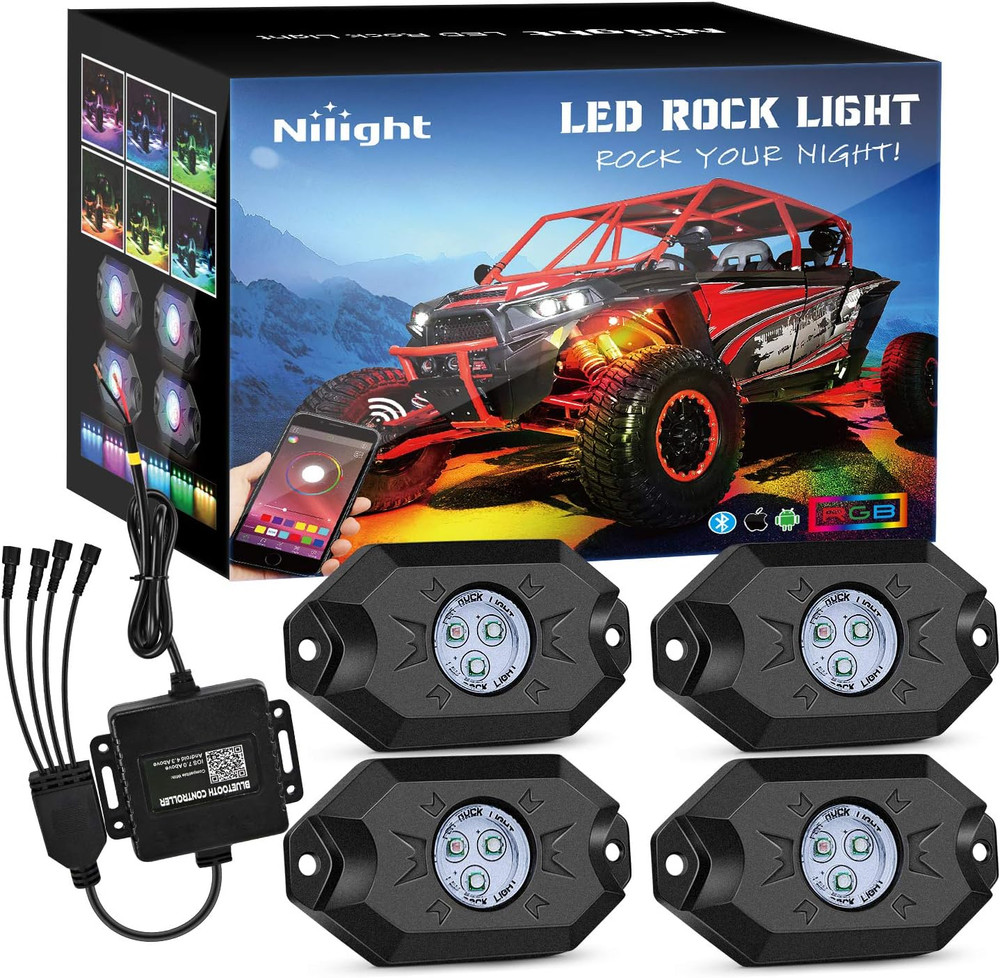 RGB LED Rock Lights Kit, 4 Pods Underglow Multicolor Neon Light Pod with Bluetoo