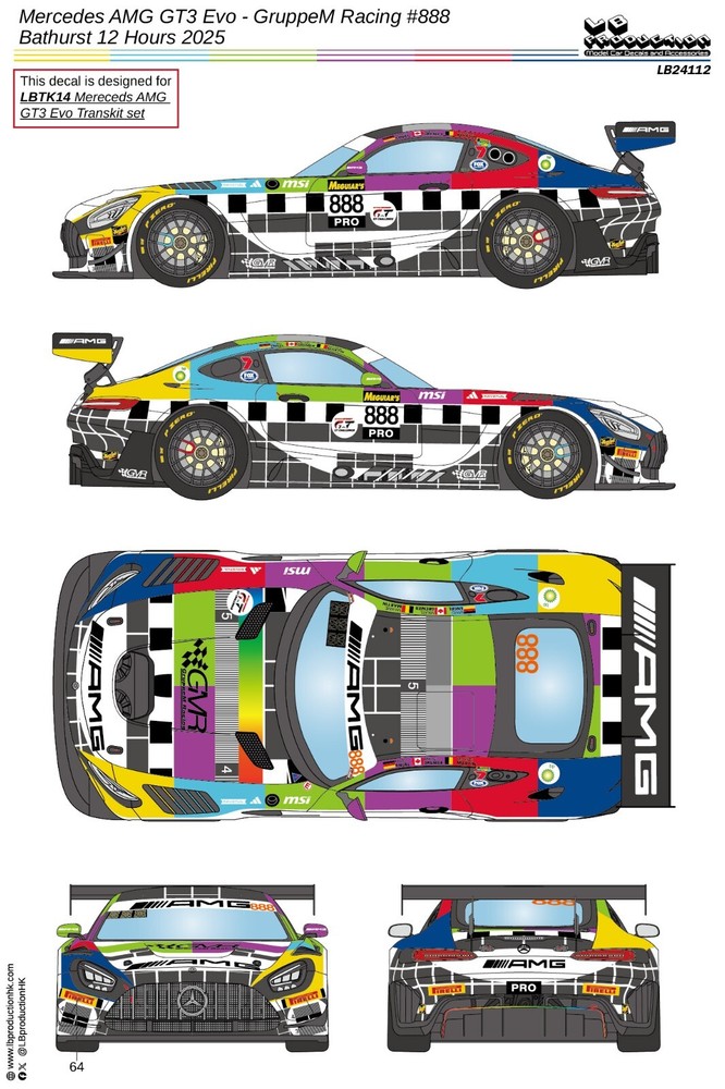 LB Production 1/24 Mercedes AMG GT3 Evo GruppeM #888 Bathurst 2025 Decal LB24112