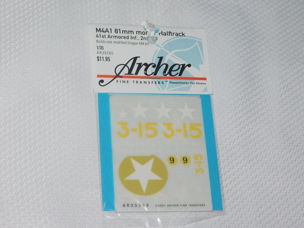 Archer 1/35 FINE TRANSFERS AR35265 M4A1 81MM MMC HALFTRACK 41ST ARMORED INF.