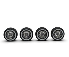 1:25 15” StarWire style wheels on Whitewall tires. 10mm wide and 29mm tire