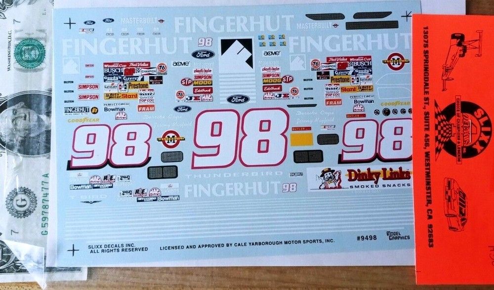 SLIXX 1/24 Water Slide Decals NASCAR FORD #98 FINGER HUT Dinky Links Snacks A30